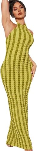 Womens Casual Sexy Halter Sleeveless Sundresses Bubble Textured Backless Prom Cocktail Maxi Dresses in Saudi Arabia