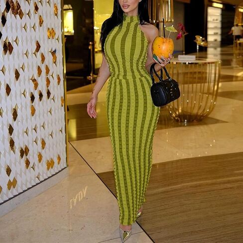 Womens Casual Sexy Halter Sleeveless Sundresses Bubble Textured Backless Prom Cocktail Maxi Dresses in Saudi Arabia