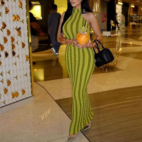 Womens Casual Sexy Halter Sleeveless Sundresses Bubble Textured Backless Prom Cocktail Maxi Dresses in Saudi Arabia