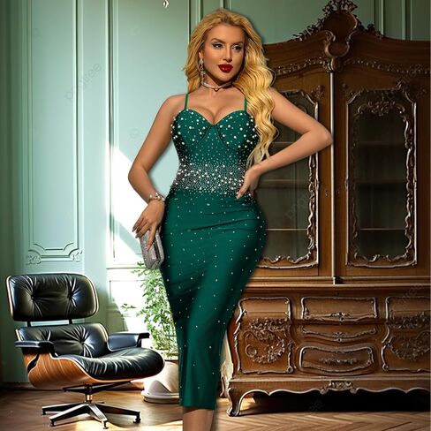 Women's Wedding Guest Rhinestone Pearls Dress Bodycon Sexy Date Night Dress in Kuwait