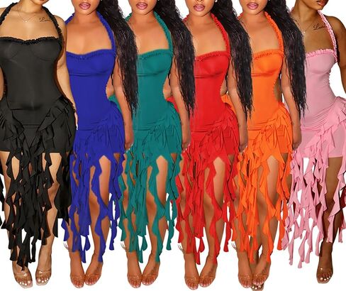 نساء الصيف كشكش هامش فستان صغير مثير الرسن bodycon tassel حزب نادي عيد ميلاد فساتين قصيرة in Kuwait