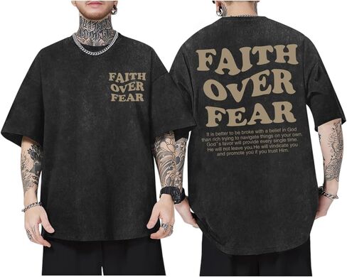 Christian Shirts for Men Faith Over Fear Oversized Shirt Acid Wash Tshirt Graphic Religious T Shirt Bible Verse Tees in Saudi Arabia