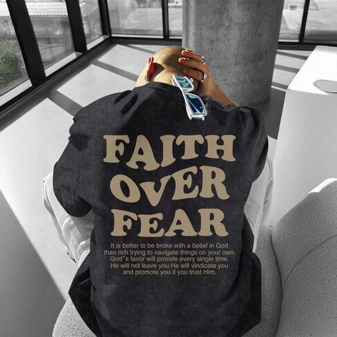 Christian Shirts for Men Faith Over Fear Oversized Shirt Acid Wash Tshirt Graphic Religious T Shirt Bible Verse Tees in Saudi Arabia