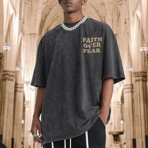 Christian Shirts for Men Faith Over Fear Oversized Shirt Acid Wash Tshirt Graphic Religious T Shirt Bible Verse Tees in Saudi Arabia