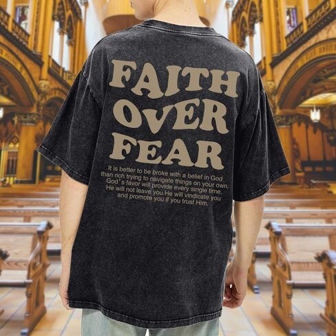 Christian Shirts for Men Faith Over Fear Oversized Shirt Acid Wash Tshirt Graphic Religious T Shirt Bible Verse Tees in Saudi Arabia
