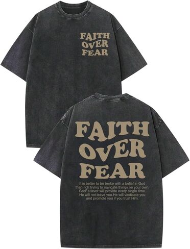 Christian Shirts for Men Faith Over Fear Oversized Shirt Acid Wash Tshirt Graphic Religious T Shirt Bible Verse Tees in Saudi Arabia