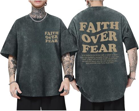 Christian Shirts for Men Faith Over Fear Oversized Shirt Acid Wash Tshirt Graphic Religious T Shirt Bible Verse Tees in Saudi Arabia