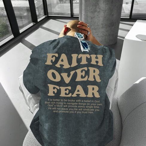 Christian Shirts for Men Faith Over Fear Oversized Shirt Acid Wash Tshirt Graphic Religious T Shirt Bible Verse Tees in Saudi Arabia
