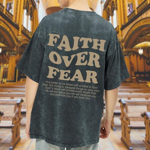 Christian Shirts for Men Faith Over Fear Oversized Shirt Acid Wash Tshirt Graphic Religious T Shirt Bible Verse Tees in Saudi Arabia