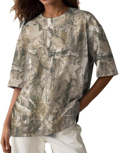 Y2k Camo Oversized Short Sleeve Crew Neck Baggy Shirts Maple Leaf Printed Tshirts Shirts for Women Men in Kuwait