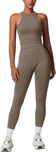 Womens Workout Sets Two Piece Racer-back Tank Top Matching High Waist Leggings Sets Gym Outfits Work Out Clothes in Saudi Arabia