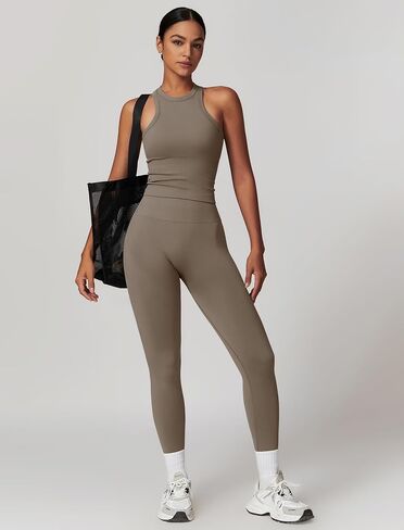Womens Workout Sets Two Piece Racer-back Tank Top Matching High Waist Leggings Sets Gym Outfits Work Out Clothes in Saudi Arabia