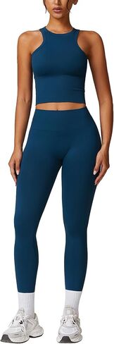 Womens Workout Sets Two Piece Racer-back Tank Top Matching High Waist Leggings Sets Gym Outfits Work Out Clothes in Saudi Arabia