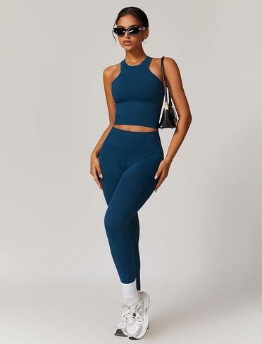 Womens Workout Sets Two Piece Racer-back Tank Top Matching High Waist Leggings Sets Gym Outfits Work Out Clothes in Saudi Arabia