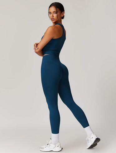 Womens Workout Sets Two Piece Racer-back Tank Top Matching High Waist Leggings Sets Gym Outfits Work Out Clothes in Saudi Arabia