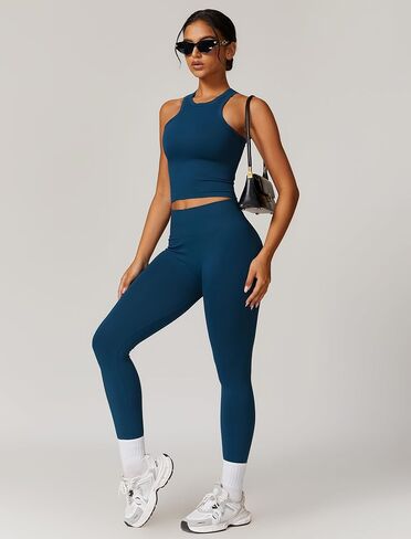 Womens Workout Sets Two Piece Racer-back Tank Top Matching High Waist Leggings Sets Gym Outfits Work Out Clothes in Saudi Arabia