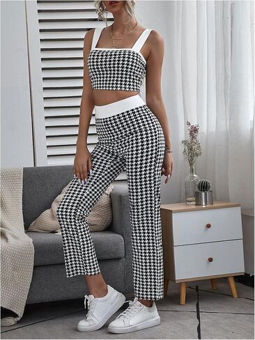 Milumia Women's 2 Piece Outfit Houndstooth Wide Strap Tank Top and Long Pants Set in Saudi Arabia