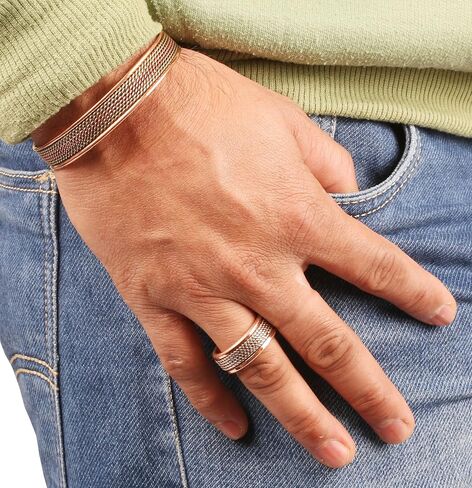 Touchstone Handcrafted Copper Magnetic Hand Forged with Solid and High Gauge Tibetan Style Minimalistic Elegance Copper Bracelet and Matching Ring. in Kuwait