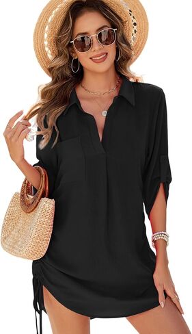 Urchics Swimsuit Coverup for Women 2025 Drawstring V Neck Bikini Swimwear Beach Cover Up Beach Shirt Dress in Saudi Arabia