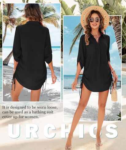 Urchics Swimsuit Coverup for Women 2025 Drawstring V Neck Bikini Swimwear Beach Cover Up Beach Shirt Dress in Saudi Arabia
