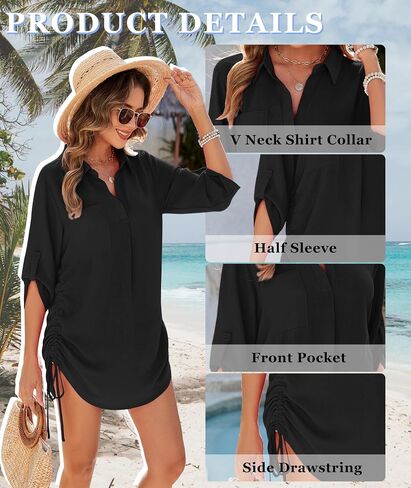 Urchics Swimsuit Coverup for Women 2025 Drawstring V Neck Bikini Swimwear Beach Cover Up Beach Shirt Dress in Saudi Arabia