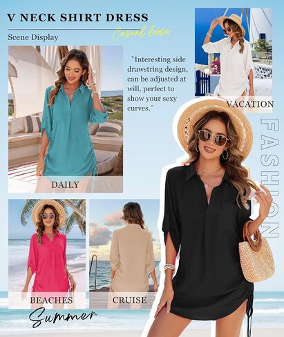 Urchics Swimsuit Coverup for Women 2025 Drawstring V Neck Bikini Swimwear Beach Cover Up Beach Shirt Dress in Saudi Arabia