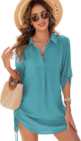 Urchics Swimsuit Coverup for Women 2025 Drawstring V Neck Bikini Swimwear Beach Cover Up Beach Shirt Dress in Saudi Arabia