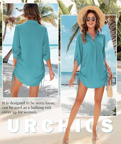 Urchics Swimsuit Coverup for Women 2025 Drawstring V Neck Bikini Swimwear Beach Cover Up Beach Shirt Dress in Saudi Arabia