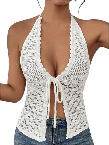 SOLY HUX Women's Crochet Tie Front Halter Neck Crop Camisole Top Swimsuit Cover Up Beachwear in Kuwait