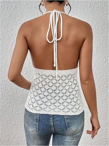 SOLY HUX Women's Crochet Tie Front Halter Neck Crop Camisole Top Swimsuit Cover Up Beachwear in Kuwait