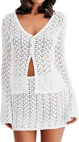Fisoew Womens Crochet 2 Piece Cover Up V Neck Bell Sleeve Button Cardigan Sheer Mesh Beach Mini Skirt Coverup Set in Saudi Arabia