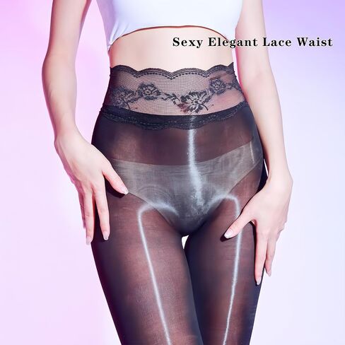 Women's Oily Shiny Pantyhose Seamless Sheer Tights 8 Denier High Waist Lace Gloss Stockings in Saudi Arabia