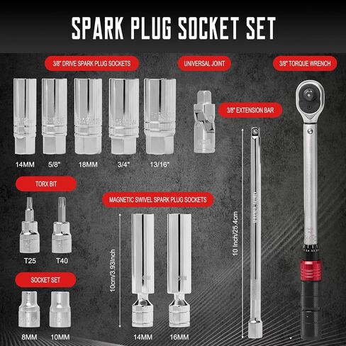 14 PCS 3/8 Inch Drive Spark Plug Socket Set with Click Torque Wrench（5-45 Lb.ft/6.8-61.2 Nm）, Magnetic Swivel Sockets, Universal Joint, Extension Bar, Cr-V Steel in Kuwait
