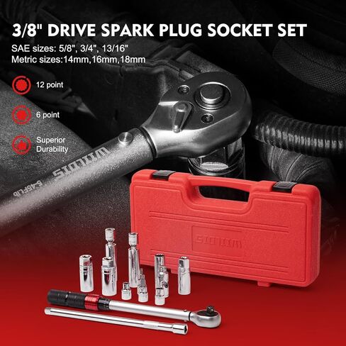 14 PCS 3/8 Inch Drive Spark Plug Socket Set with Click Torque Wrench（5-45 Lb.ft/6.8-61.2 Nm）, Magnetic Swivel Sockets, Universal Joint, Extension Bar, Cr-V Steel in Kuwait