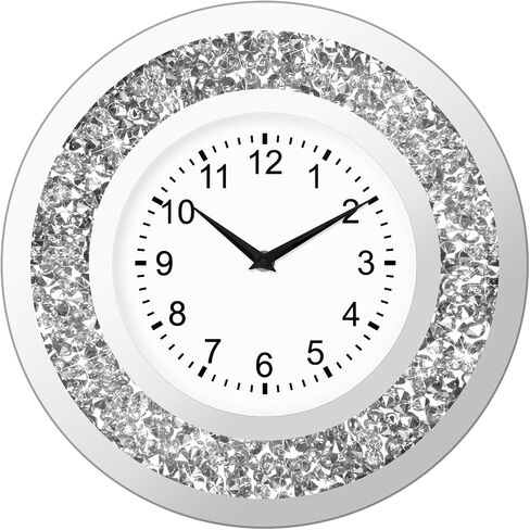 14 Inch Crystal Crushed Diamond Mirrored Wall Clock - Sparkle Twinkle Bling Wall Clock Silver Round Clock for Living Room, Bedroom, Home Decor, Silent Non-Ticking Quartz Movement in Saudi Arabia
