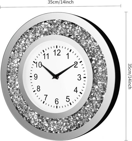 14 Inch Crystal Crushed Diamond Mirrored Wall Clock - Sparkle Twinkle Bling Wall Clock Silver Round Clock for Living Room, Bedroom, Home Decor, Silent Non-Ticking Quartz Movement in Saudi Arabia