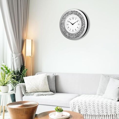 14 Inch Crystal Crushed Diamond Mirrored Wall Clock - Sparkle Twinkle Bling Wall Clock Silver Round Clock for Living Room, Bedroom, Home Decor, Silent Non-Ticking Quartz Movement in Saudi Arabia