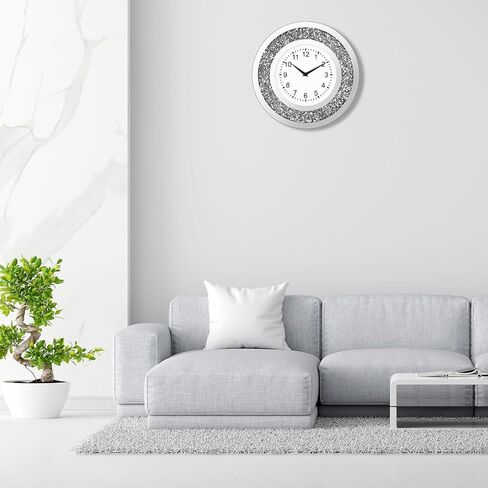 14 Inch Crystal Crushed Diamond Mirrored Wall Clock - Sparkle Twinkle Bling Wall Clock Silver Round Clock for Living Room, Bedroom, Home Decor, Silent Non-Ticking Quartz Movement in Saudi Arabia