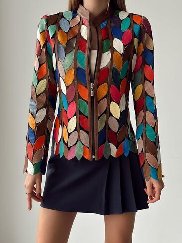 Joy Women's Multicolored Genuine Lambskin Handmade Leather Jacket in Saudi Arabia