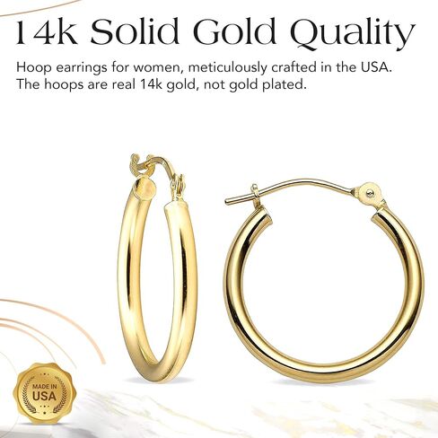 أقراط Mazzeri Solid Gold Hoop Gold 14k ذهبية حقيقية للنساء والرجال - Hypoallergenic ، مصنوعة في الولايات المتحدة الأمريكية ، متوفرة باللون الأصفر أو الأبيض in Kuwait