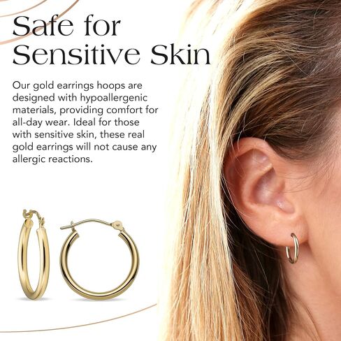 أقراط Mazzeri Solid Gold Hoop Gold 14k ذهبية حقيقية للنساء والرجال - Hypoallergenic ، مصنوعة في الولايات المتحدة الأمريكية ، متوفرة باللون الأصفر أو الأبيض in Kuwait