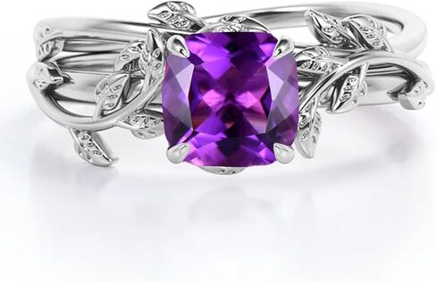 Cushion Cut Gemstone Engagement Rings Set for Women 925 Sterling Silver 8MM Amethyst Leaf Ring Unique Bridal Wedding Rings Size 4-11 in Saudi Arabia