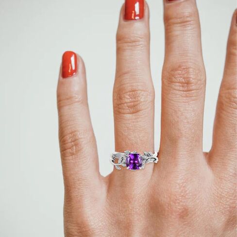 Cushion Cut Gemstone Engagement Rings Set for Women 925 Sterling Silver 8MM Amethyst Leaf Ring Unique Bridal Wedding Rings Size 4-11 in Saudi Arabia