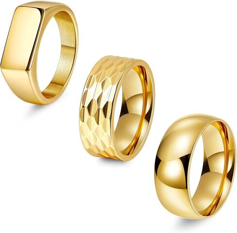 REVOLIA 3Pcs Stainless Steel Rings for Men 8MM Hammered Wedding Ring Set Square Signet Rings Pinky Silver Ring Simple Mens Band Rings Gold/Black/Silver Size 7-13 in Kuwait