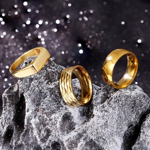 REVOLIA 3Pcs Stainless Steel Rings for Men 8MM Hammered Wedding Ring Set Square Signet Rings Pinky Silver Ring Simple Mens Band Rings Gold/Black/Silver Size 7-13 in Kuwait
