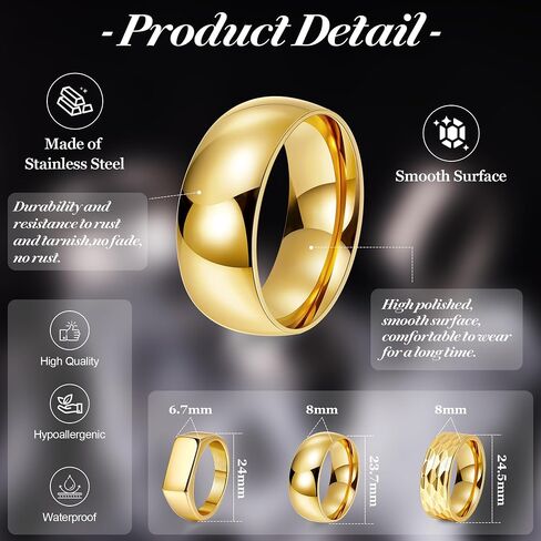 REVOLIA 3Pcs Stainless Steel Rings for Men 8MM Hammered Wedding Ring Set Square Signet Rings Pinky Silver Ring Simple Mens Band Rings Gold/Black/Silver Size 7-13 in Kuwait