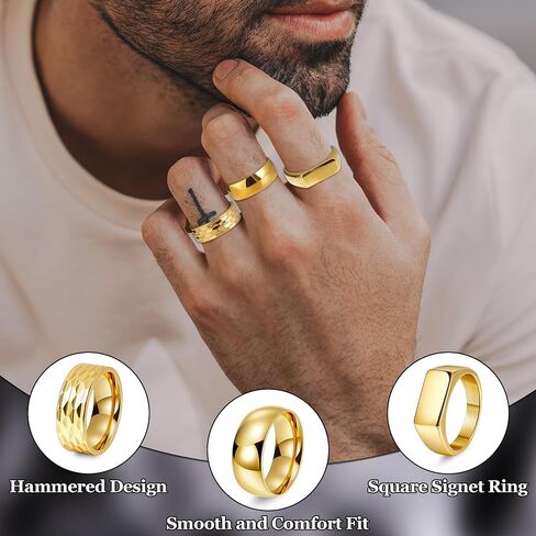 REVOLIA 3Pcs Stainless Steel Rings for Men 8MM Hammered Wedding Ring Set Square Signet Rings Pinky Silver Ring Simple Mens Band Rings Gold/Black/Silver Size 7-13 in Kuwait