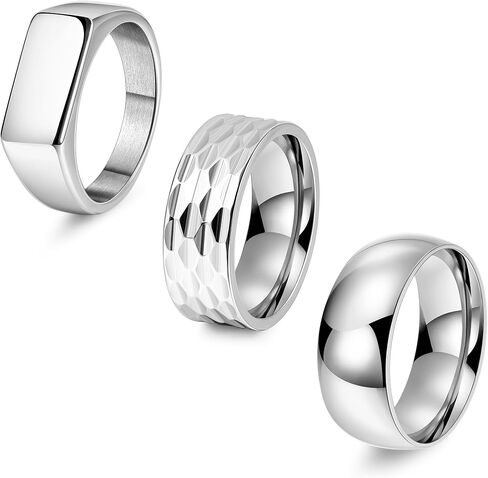 REVOLIA 3Pcs Stainless Steel Rings for Men 8MM Hammered Wedding Ring Set Square Signet Rings Pinky Silver Ring Simple Mens Band Rings Gold/Black/Silver Size 7-13 in Kuwait