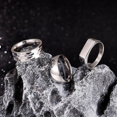 REVOLIA 3Pcs Stainless Steel Rings for Men 8MM Hammered Wedding Ring Set Square Signet Rings Pinky Silver Ring Simple Mens Band Rings Gold/Black/Silver Size 7-13 in Kuwait