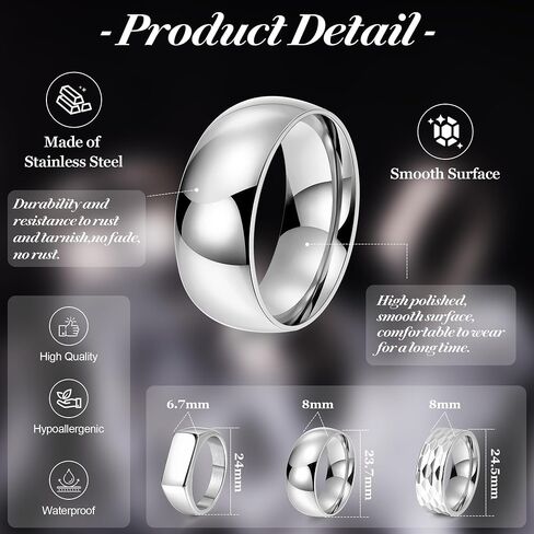 REVOLIA 3Pcs Stainless Steel Rings for Men 8MM Hammered Wedding Ring Set Square Signet Rings Pinky Silver Ring Simple Mens Band Rings Gold/Black/Silver Size 7-13 in Kuwait